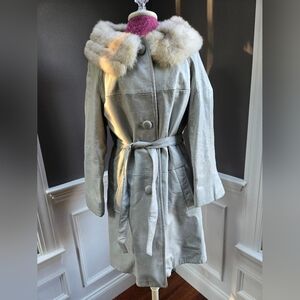 Vintage Gray Leather Fox Fur Trimmed Trench Coat. FC